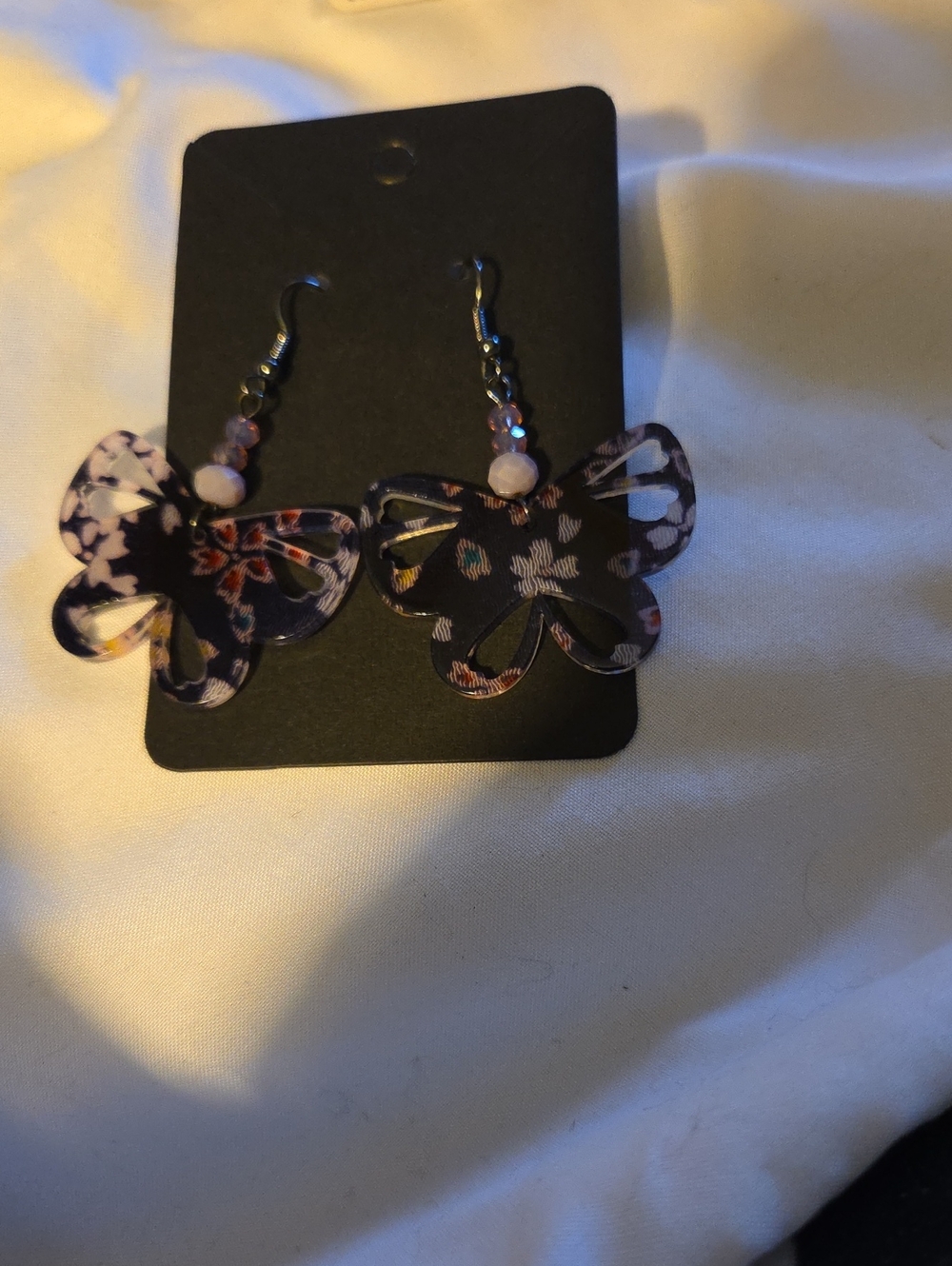 Floral Black & Purple Butterfly Drop Earrings with Purple Bead Accents